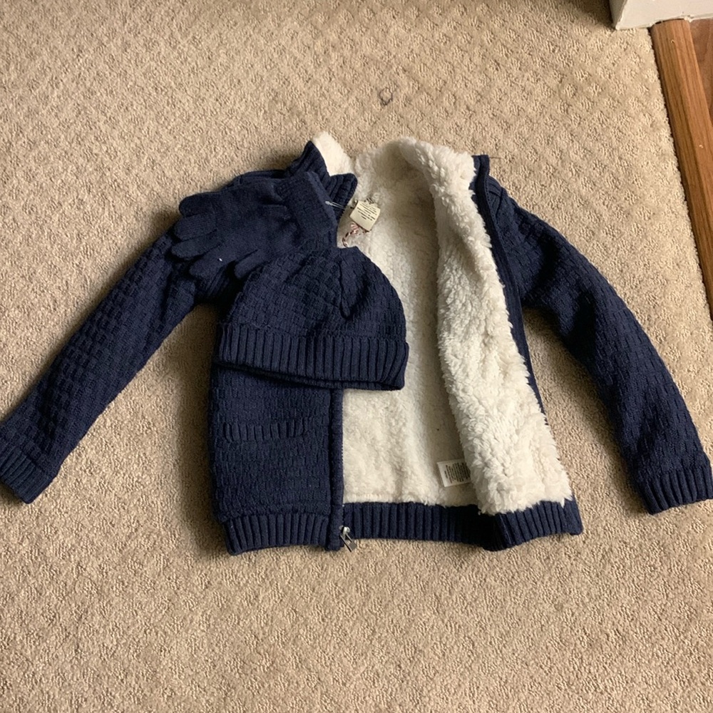 Fur lined sweater jacket with matching hat + gloves